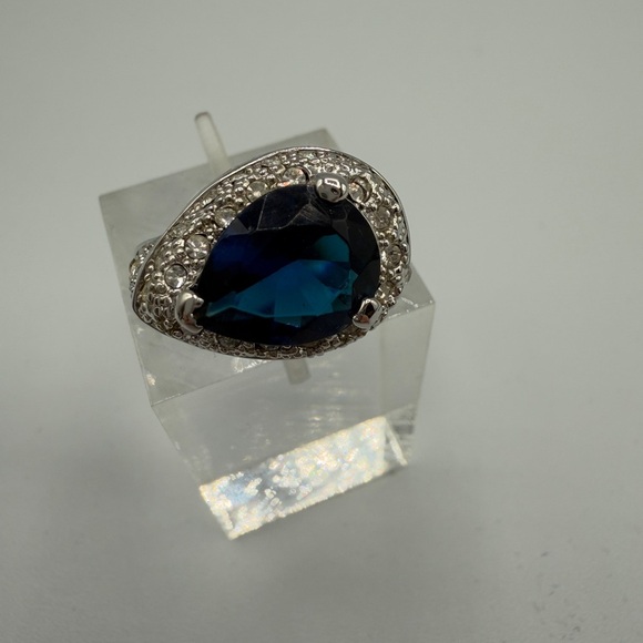 Beautiful Pear-Shaped Blue Glass Halo Ring with CZ Encrusted Base - Statement - Picture 8 of 15